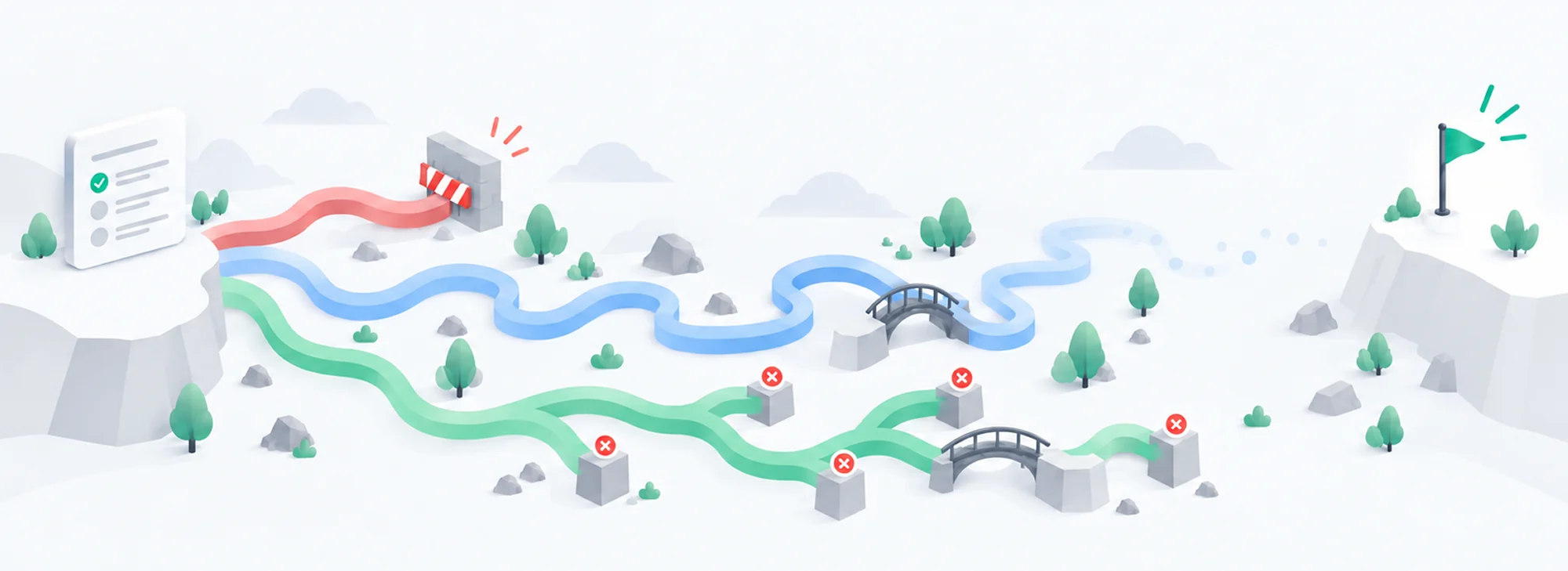 Illustration of three routes from collected data to real change, none of which arrives: the red one ends at a barrier because nothing comes back, the blue one fades out because it takes too long, and the green one is blocked several times because there is no roadmap.