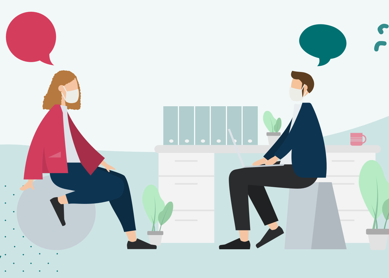 Illustration: Zwei Kolleg:innen im Gespräch, beide mit Sprechblase