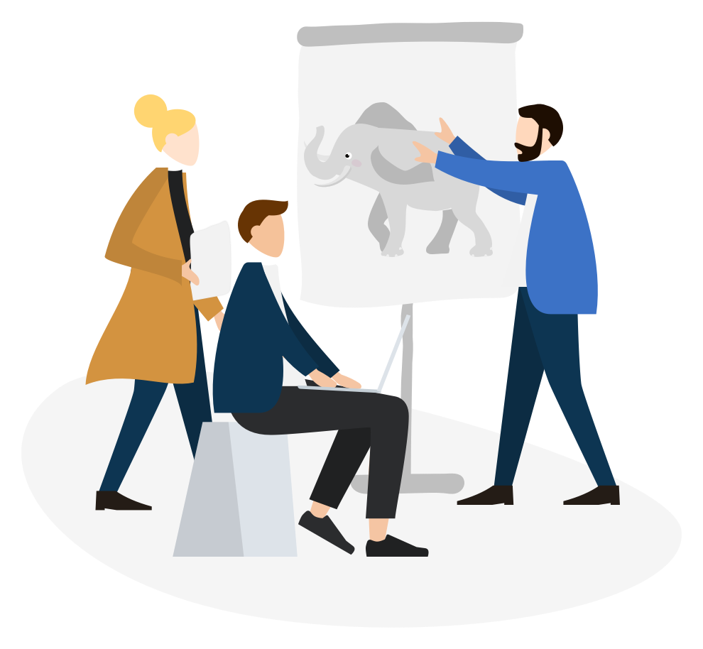 Illustration: Drei Personen besprechen an einem Flipchart ein Thema, das bisher niemand angesprochen hat