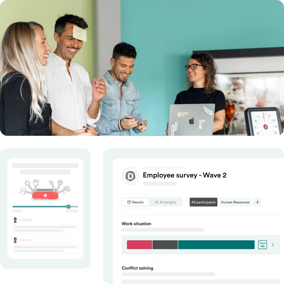 Équipe collaborant avec tableau de bord logiciel sondage collaborateur·rices montrant résultats et analyses