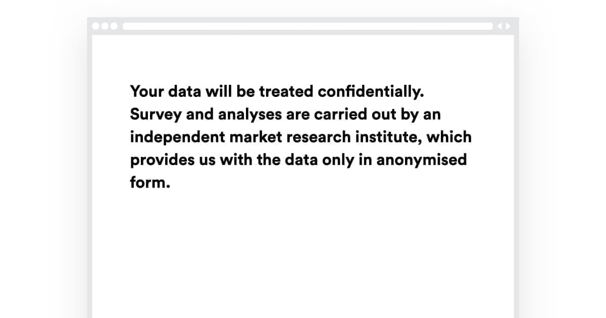 Screenshot with Text Your data will be treated confidentially. Survey and analyses are carried out by an independent market research institute, which provides us with the data only in anonymised form."
