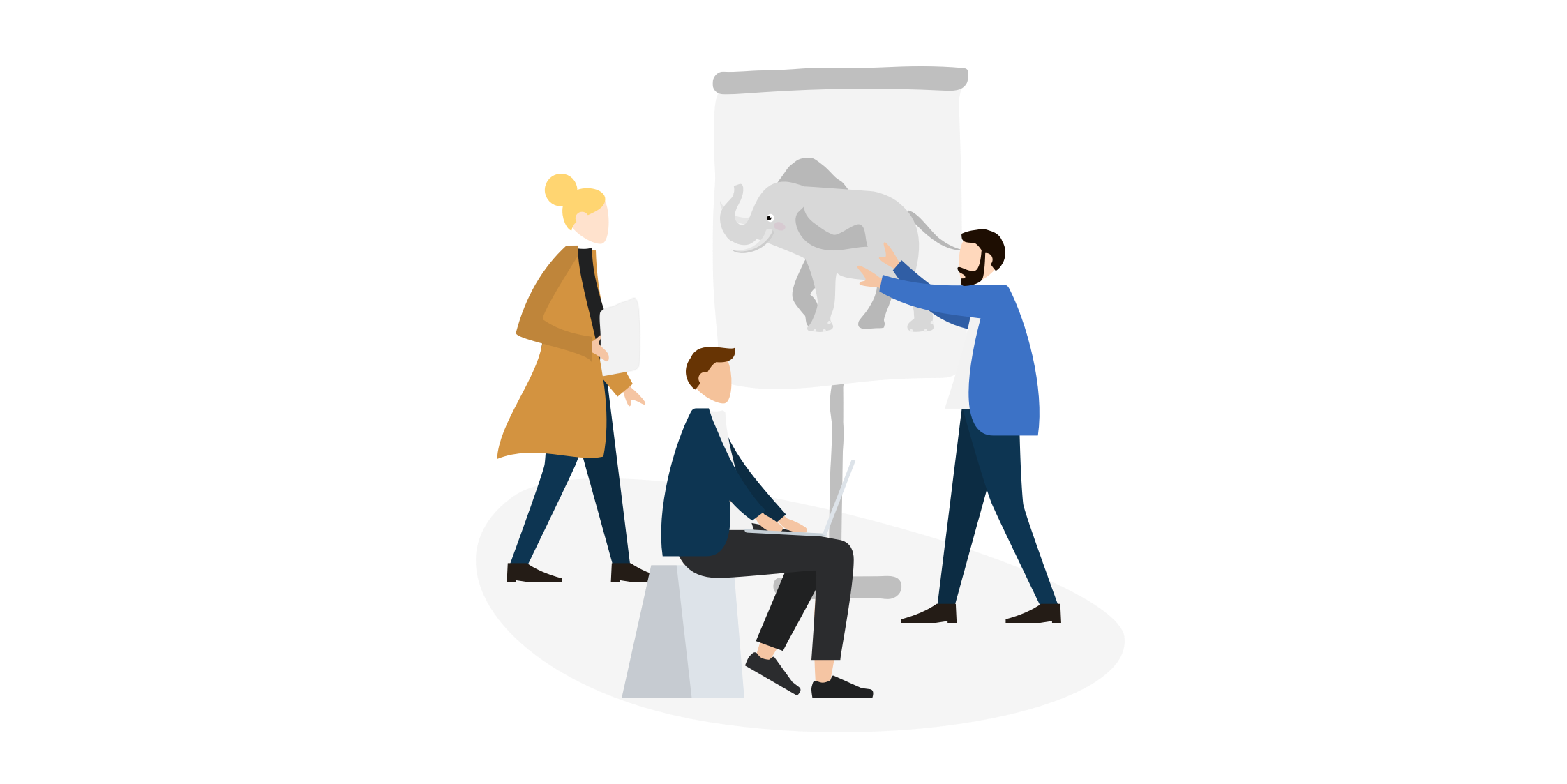 Employees discuss in front of a flipchart with a drawn elephant
