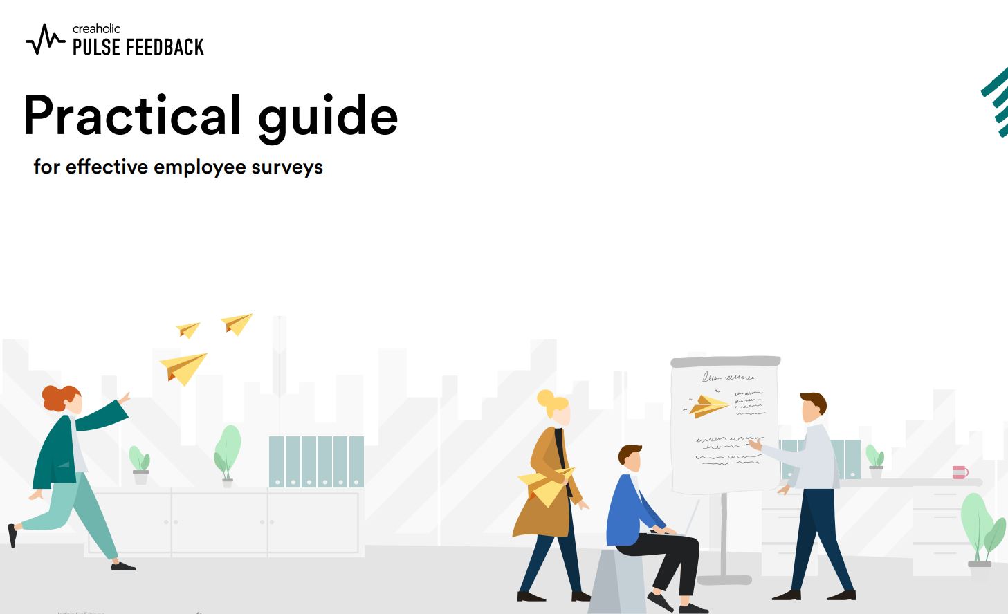 Whitepaper Cover. On the left there is a woman with orange hair and a green jacket. On the right there are three people discussing at a flipchart.